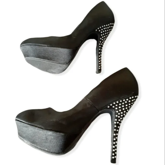 BAMBOO Black Satin Stilettos w/Rhinestone Embellished Heel - Picture 3 of 8